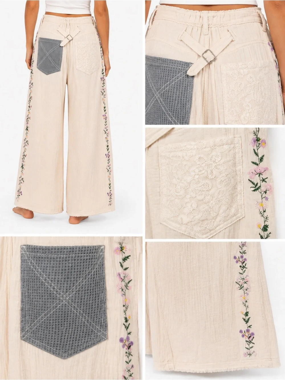 POL Cream Wide-Leg Pants with Side Floral Embroidery